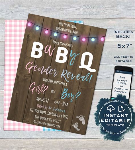 Rustic BabyQ Gender Reveal Invitation, Editable He or She BBQ, Pink or