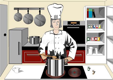 a chef is cooking in the kitchen with pots and pans on the stove royalty illustration