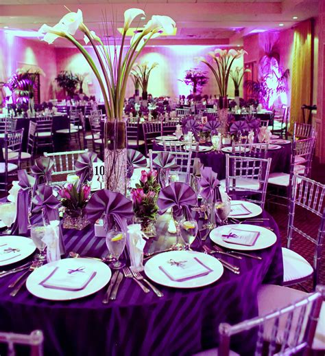 Fun wedding reception set up in our ballroom with lots of uplighting. Love the purple! | Wedding ...