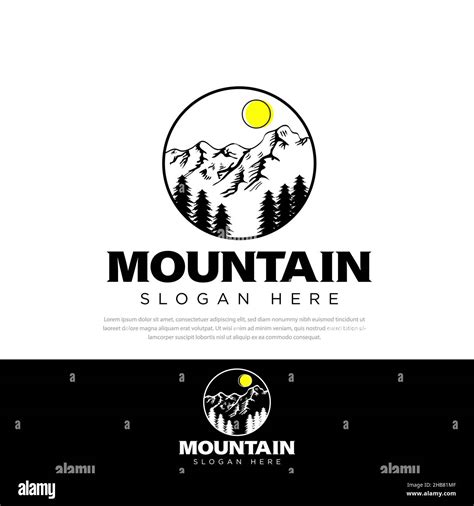 Mountain forest logo design, trees, sun Illustration Templates, symbol, icon Stock Vector Image ...