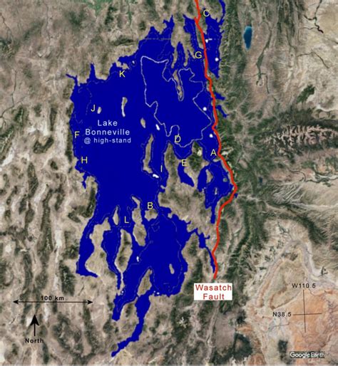 -Lake Bonneville and the Wasatch Fault. Legend: A: Little Cottonwood ...