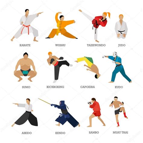 Conjunto vectorial de silueta de personas de artes marciales aisladas sobre fondo blanco ...