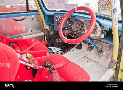 Interior of a 1960s Ford Anglia which has been rally prepared Stock ...