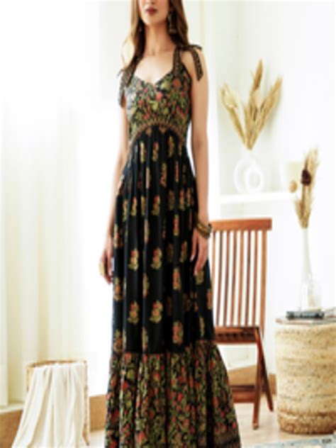 Buy Rustorange Floral Print Shoulder Straps Maxi Ethnic Dress - Ethnic ...