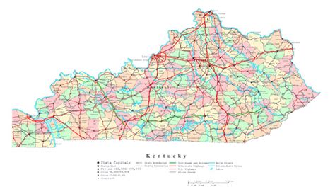 Large administrative map of Kentucky state with highways and cities ...