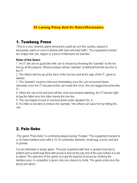 Tumbang Preso: 15 Larong Pinoy and Its Rules/Mechanics | PDF