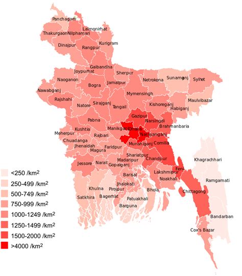 Population density of Bangladesh by district. - Maps on the Web