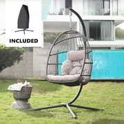 Indoor Outdoor Swing Egg Chair with Stand, Patio Foldable Grey Wicker ...