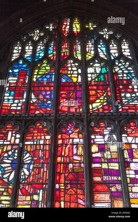 England, Manchester, Manchester Cathedral, Stained Glass Window Stock ...