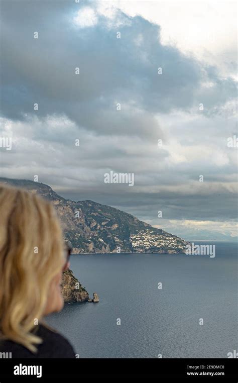 AMALFI, ITALY - Jan 31, 2021: Amalfi coast in cloudy weather. Red ...