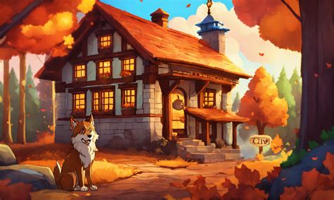 Lexica - One Cartoon style wolf in-front of the brick house in the magical autumn forest.