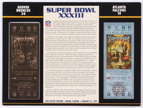 1999 Commemorative Super Bowl XXXIII Card with Ticket: Broncos vs Falcons | Pristine Auction