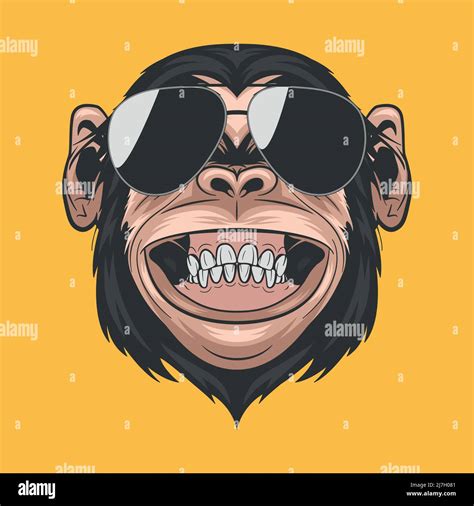 Vector Hand Drawn Smiling Chimpanzee Ape with Sunglasses. Colored ...