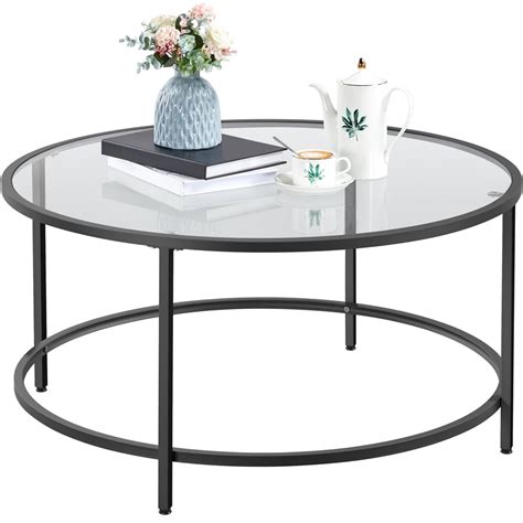 Easyfashion Round Glass-Top Coffee Table Metal-Framed End Table, Black ...