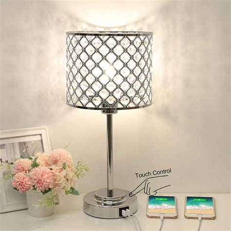 Crystal Table Lamp with 2 USB Ports, 3-Way Dimmable Bedside Touch Lamp ...