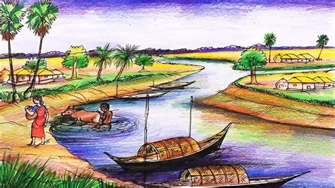 How to Draw River Scenery Drawing With Boat | Pencil Color drawing Step ...