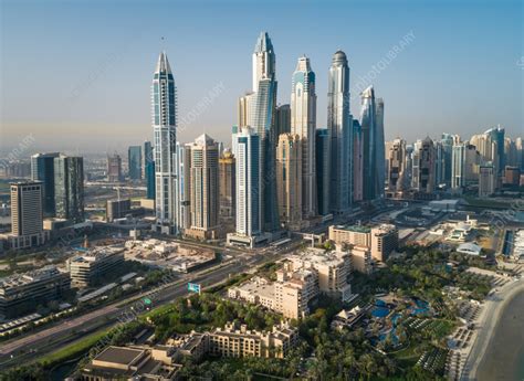 Aerial view of skyscrapers by the beach in Dubai, UAE - Stock Image ...