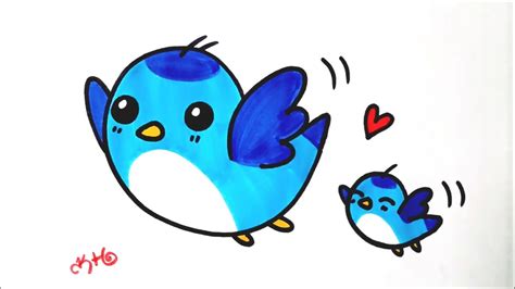 HOW TO DRAW a Kawaii Blue Bird and Baby Flying together - easy and cute drawing for kids - YouTube