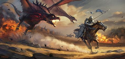 HD wallpaper: digital art, warrior, knight, flag, horse, dragon, fantasy art | Wallpaper Flare