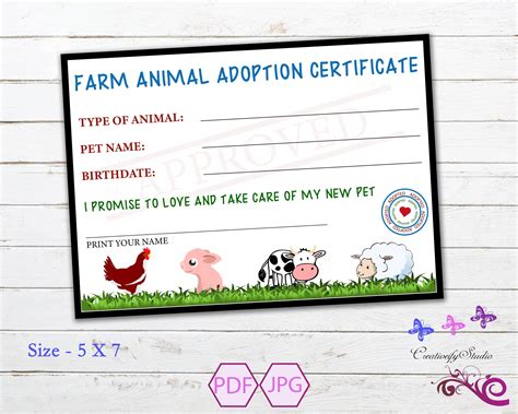 Farm Animal Adoption Certificate Pet Adoption Adopt an - Etsy Canada ...