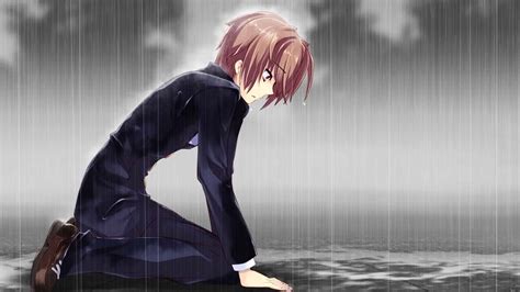 Download In The Rain Anime Boy Sad Aesthetic Wallpaper | Wallpapers.com