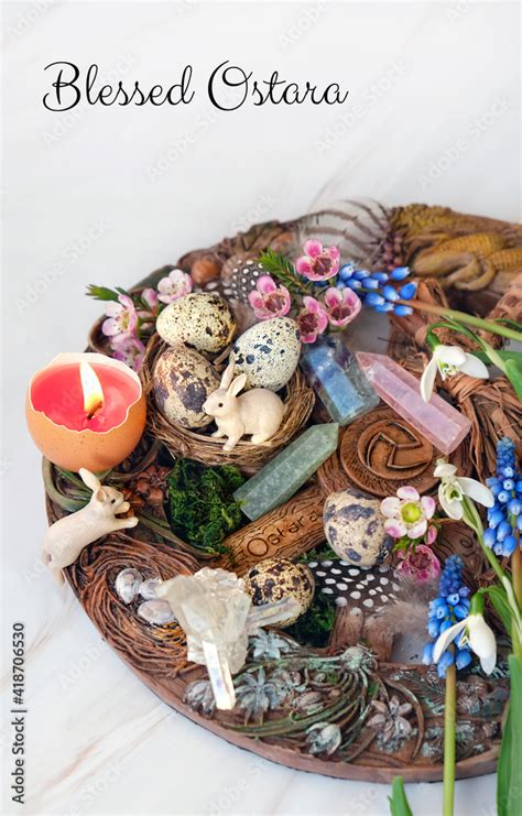 Blessed Ostara greeting. wiccan Altar for spring Ostara sabbath. wheel ...