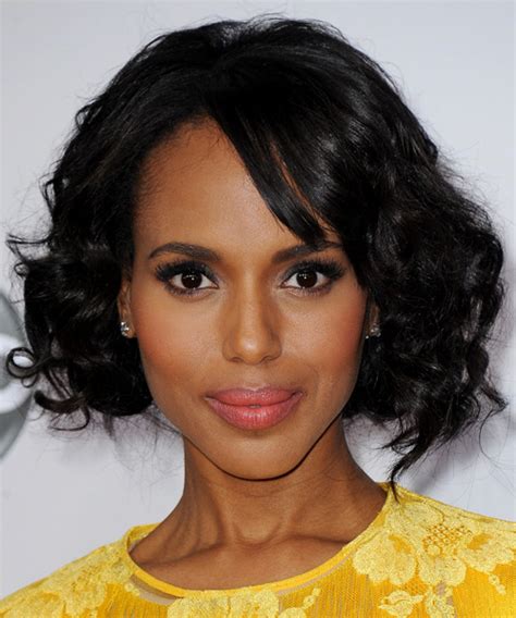 Kerry Washington Medium Curly Layered Black Bob Haircut with Side Swept Bangs