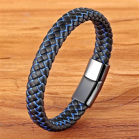 New Men Jewelry Punk Black Blue Braided Leather Bracelet for Men Stainless Steel Magnetic Clasp ...