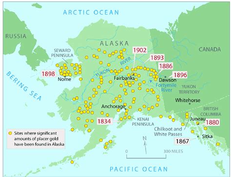 Locations of significant placer gold accumulations in Alaska and years ...