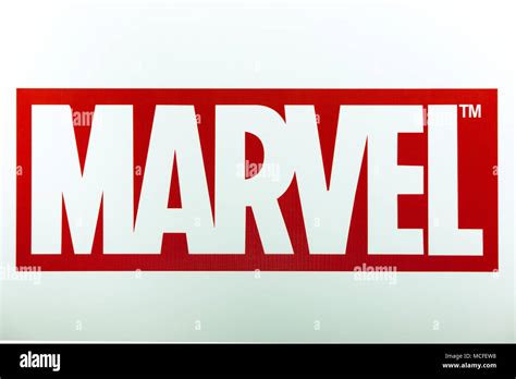 Marvel logo sign printed on banner. Marvel Comics Group is a publisher ...