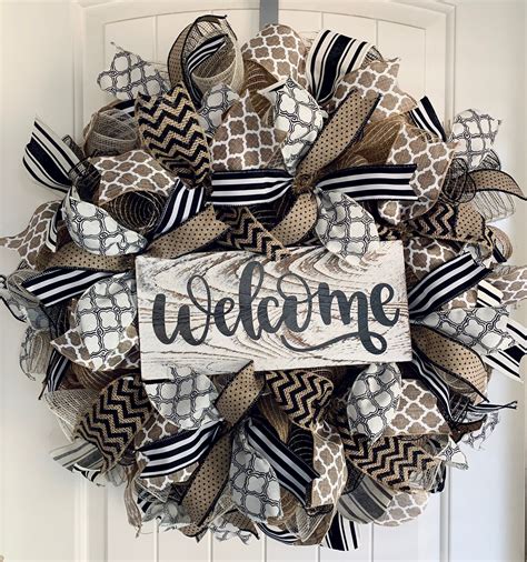 Wreath Black and White Farmhouse, Burlap, Welcome Wreath Front Door Deco Mesh Wreath Stripes ...