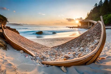 Premium AI Image | A boat on the beach at sunset