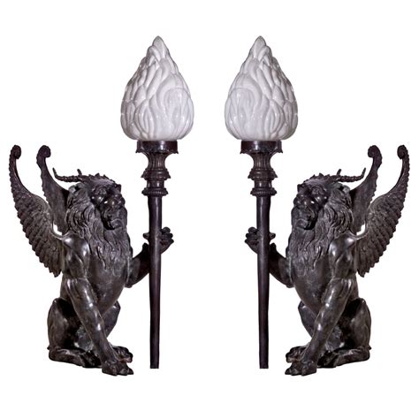 Bronze Winged Lion Lamp Sculpture Set - Florida Bronze Statues, Sculptures and Fountains