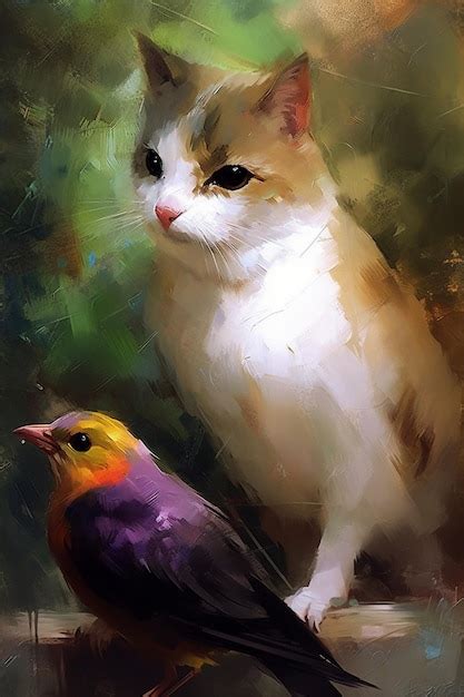 Premium Photo | A painting of a cat and a bird