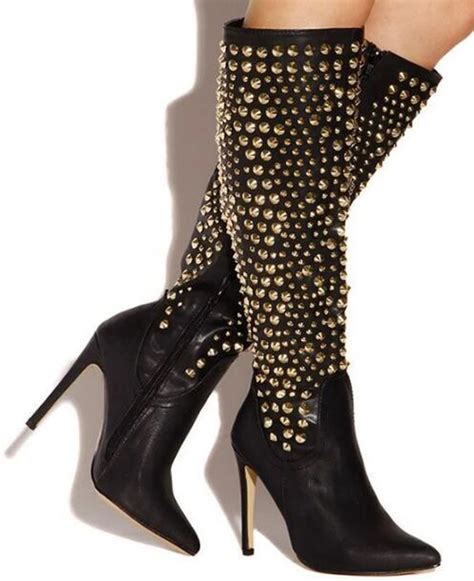 New Fashion Women Pointed Toe Knee High Spike Design High Heel Boots Gold Rivet Long Leather ...