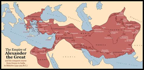 The empire of Alexander the Great in 323 BC, one of the largest of all time and larger than the ...