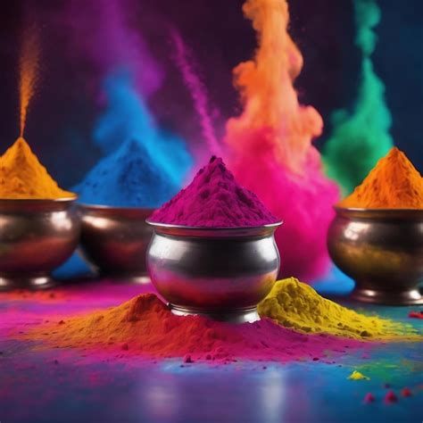 Premium AI Image | Colorful powder in vessel on the table happy holi festival of colors art concept