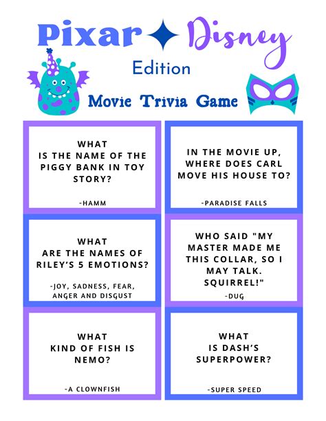 FREE Disney Pixar Trivia Game Printable for Kids and Grown Ups in 2024 | Disney trivia questions ...