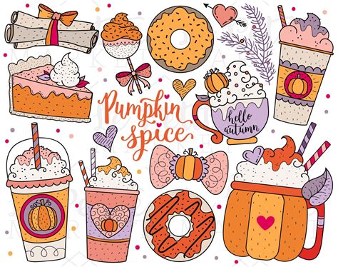 pumpkin spice clipart set with drinks, donuts and doughnuts on polka dots