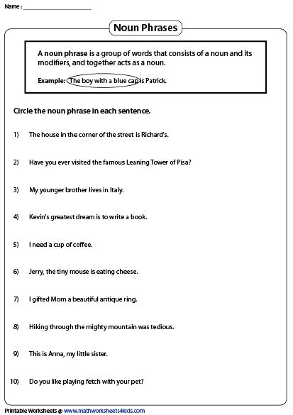 Phrases Worksheets | Expanded noun phrases, Nouns and adjectives, English phrases