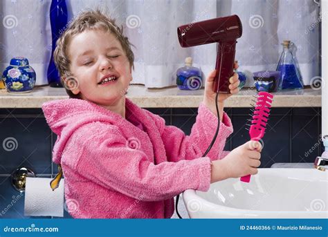 Girl Dries Her Hair with Hair Dryer Stock Photo - Image of curly, care: 24460366