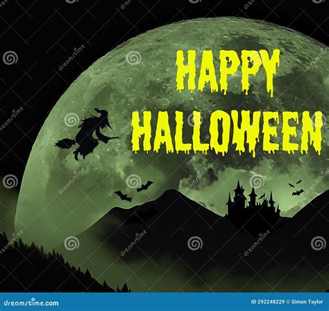 Happy Halloween Moon with Spooky Castle and Witch Stock Illustration - Illustration of planet ...