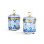 A pair of gilt-bronze mounted blue and white Chinese porcelain covered vases, the porcelain ...