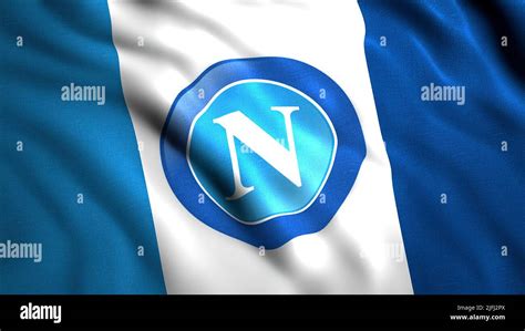 Flying flag with Napoli football team logo, close up. Motion. Abstract ...