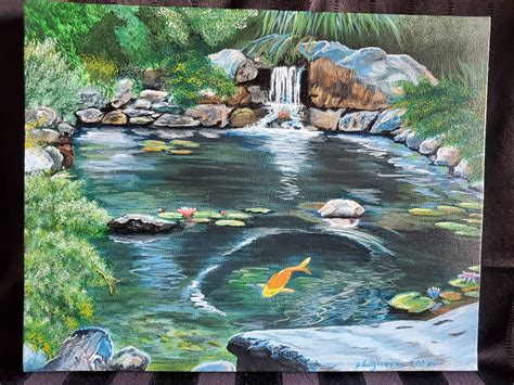 Koi Pond Waterfall Koi Fish Painting Arte original Arte del | Etsy