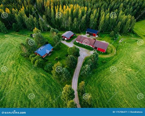 Aerial View of Red Farm House and Green Summer Forests in Finland Stock ...