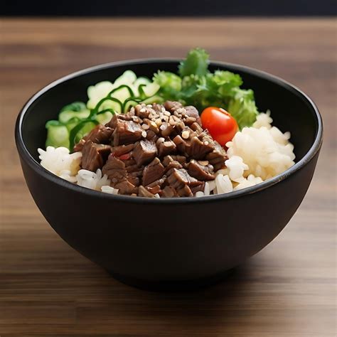 Premium AI Image | cubed shaken beef rice with white sesame on top and chopped AI