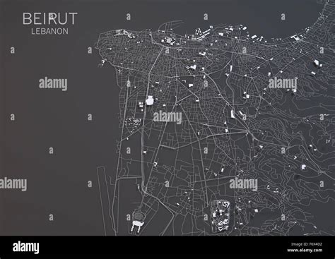 Map of Beirut, Lebanon, satellite view, map in 3d. Black and white Stock Photo - Alamy