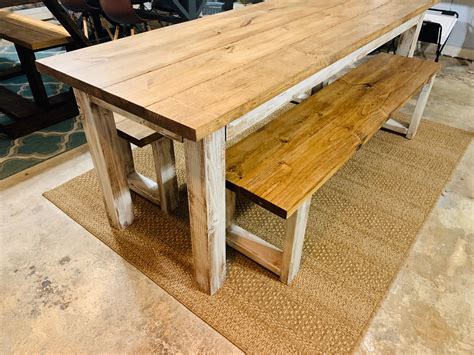 Narrow Farmhouse Table Set with Benches, Distressed White, Early American Brown, Wooden Dining ...