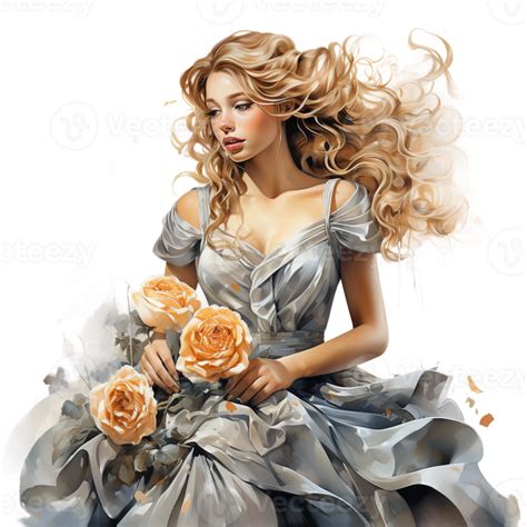 Full body shot illustration of a Princess watercolor clipart with blonde hair, gray color dress ...